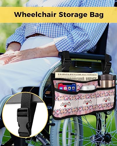 Mother's Day Flowers Wheelchair Side Bag Walker Bag, Pink Wood Striped Wheelchair Accessories Armrest Pouch, Organizer Storage Bag for Walkers, Rollators, Scooters, 7.3''x13''