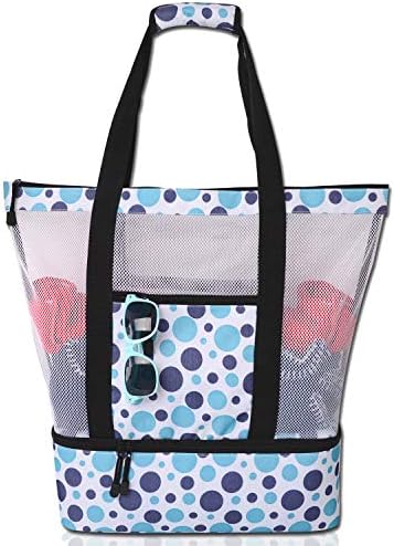 Mesh Beach Tote Bag with Insulated Cooler Compartment, Extra Large Pool Picnic Cooler Bag with Zipper Closure, Top Handle Beach Handbag for Women (Black)