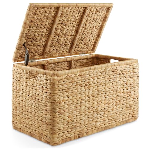 Image of Casafield 30 inch Storage Chest with Lid, Handles, and Safety Hinge - Natural, Water Hyacinth Wicker Storage Trunk for Entry Way, Living Room, Bedroom