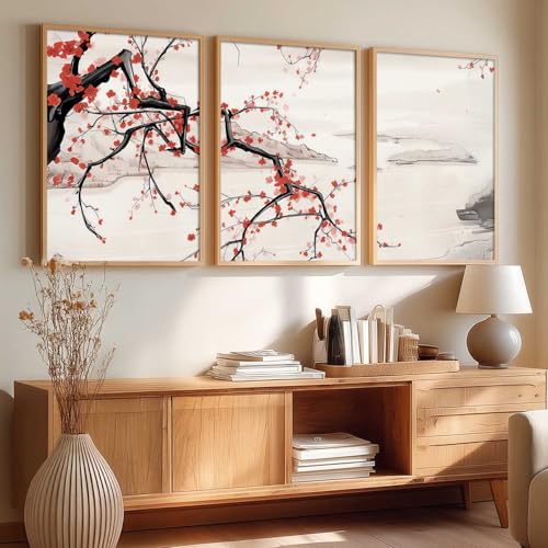 Image of kotart Big Aesthetic Cherry Blossom Tree Wall Framed Posters | Japanese Nature Art Framed Poster for Living Room Bedroom Wall Decor Set Of 3 (14x20 Inch)