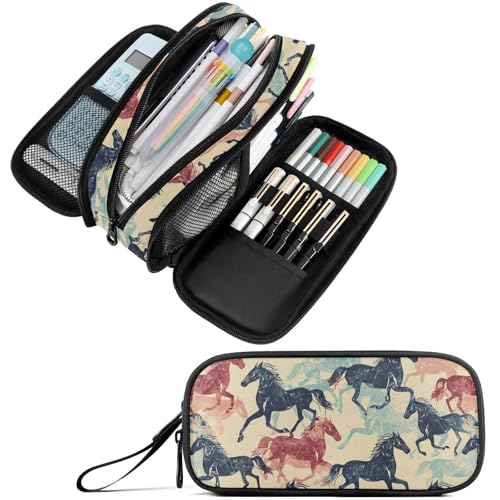 Image of Fustylead Retro Colorful Running Horse Silhouette Large Pencil Pen Case Stationery Bag 3 Compartments School College Office Organizer