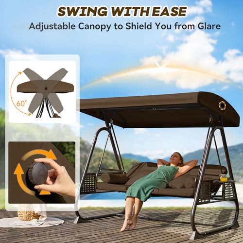 Image of 3 in 1 Outdoor Porch Swing with Adjustable Canopy, 3 Seat Outdoor Swing for Adults, Patio Swing Chair with Thickened Cushions,Pillows & Cup Holders for Backyard, Porch, Garden (Brown)