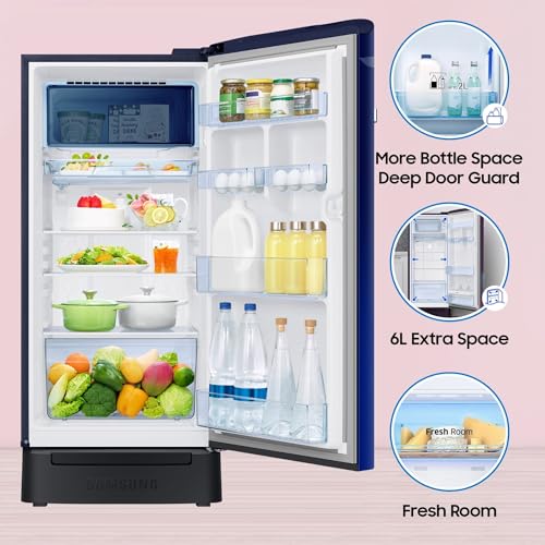 Image of Samsung 189 L, 5 Star, Digi-Touch Cool Digital Inverter, with Display Direct-Cool Single Door Refrigerator (RR21C2F25NK /HL,Orange Blossom Blue, Base Stand Drawer)