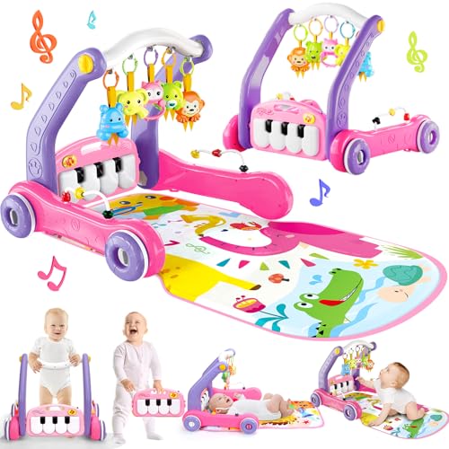 4-in-1 Baby Gym Play Mat with Learning Walker, Tummy Time Mat & Baby Push Toys for Newborn Infant 0-3-6-9-12 Month Boy Girl, Babies Activity Center with Play Piano & Lights, Ideal Toddler Baby Gifts