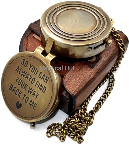 Brújula de Bolsillo de Latón Grabada con Estuche de Cuero y Cadena - Regalo Vintage para Hombre, Esposo, Hijo, Graduación, Senderismo, Aniversario, Navegación miniatura 4
