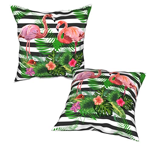 Oplp Pink Flamingo Beautiful Tropic Flower Throw Pillow Covers Set Of 2 Pillow Case Black White Stripes Square Case Cushion Home For Bedroom Sofa Chair Decor 18"X18" #TOP1