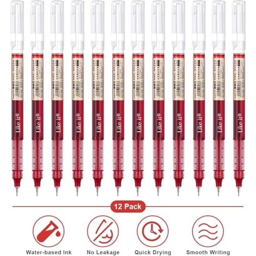Image of like it Red 0.5mm Roller Pen Color ink Straight Liquid Rollerball Gel Pen for School Office Stationery Pack of 12 (Red)
