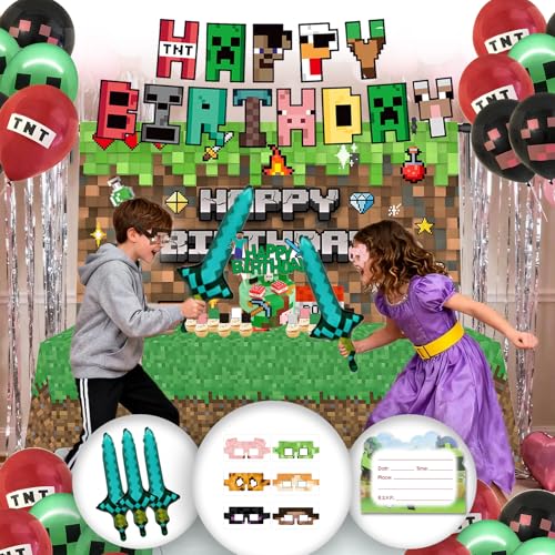 73Pcs Pixel Birthday Party Decorations for Boys Pixel party supplies Kit Gaming-Themed Birthday supplies Set including Banner Tablecloth Sword Foil Balloons Cupcake Toppers.