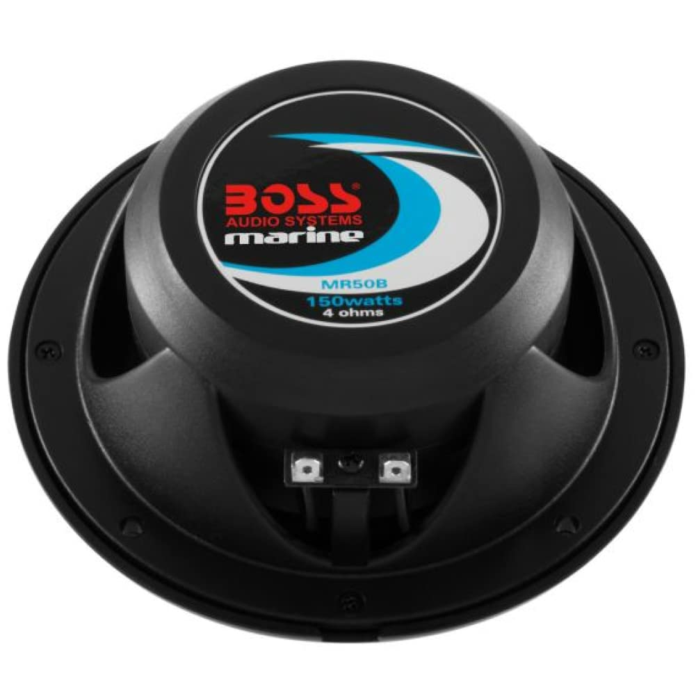 KIT-Set FÜR BOSS Audio Systems MR50B 2 Schwarze 2-Wege-Marinelautsprecher 5,25" 13,5 cm 135 mm, 75 Watt rms 150 Watt max, wasserdicht, Meer, Schwimmbad, Boot, Hotel, pro Paar + kostenloses Zubehör