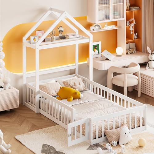 PUGSDRLY Lit Cabane Enfant au Sol 90x200cm avec Barriere,Lit cabane Montessori avec Rangement,Sommier à...