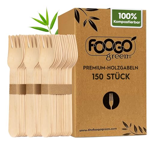 FOOGO Green Einwegbesteck Holz 150-teilig – 16 cm Holzgabeln aus Birkenholz – Nachhaltige Gabeln Einweg kompostierbar & biologisch abbaubar – Umweltfreundliches Holzbesteck für Party & Picknick
