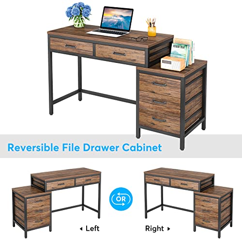 Image of Tribesigns Computer Desk with 5 Drawers, Home Office Desks with Reversible Drawer Cabinet Printer Stand, Industrial PC Desk with Storage, Rustic Study Writing Table Workstation for Small Spaces