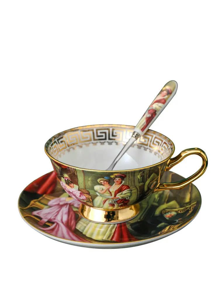 Europejski zestaw filiżanek do kawy i spodków, obraz figury retro, porcelana kostna, angielska filiżanka do herbaty porcelanowa herbata, prezent do picia w domu kreatywny kubek do kawy
