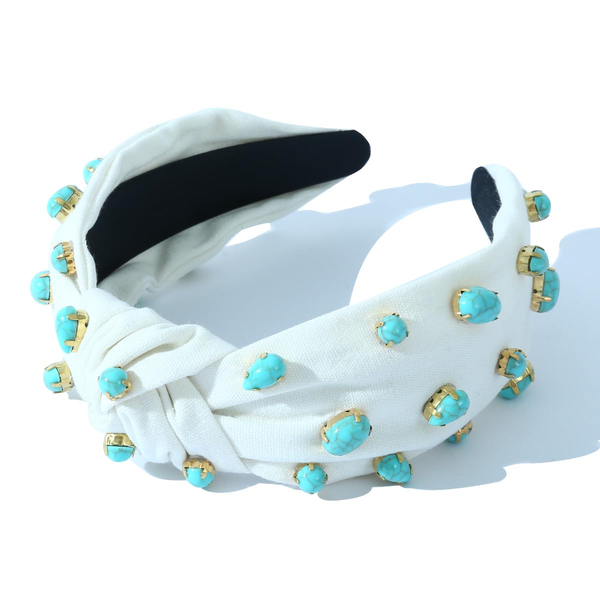 White Head Band  with Turquoise Stones and Crystal Accents Handmade Jeweled Headbands | Bejeweled Headbands main image 2