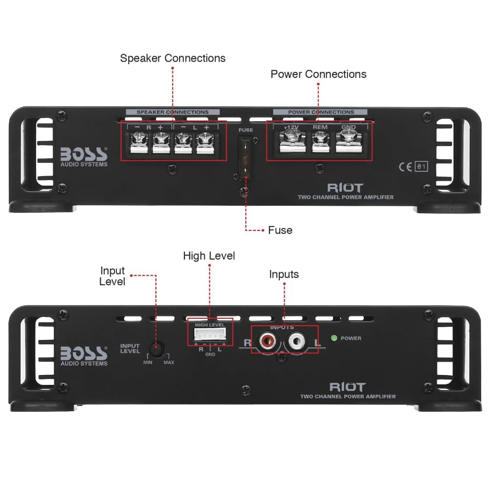 KIT SET amplificatore PER BOSS AUDIO SYSTEMS RIOT R1002 1 amplificatore stereofonico 2 canali, full-range, 200 watt max, classe a/b, per auto, 1 pezzo + cavo high level e fusibile omaggio