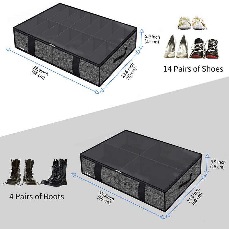 homyfort Under Bed Scatola Organizzatore Scarpe per Camera da Letto, Custodia Portascarpe a 14 + 4 Scomparti, Pieghevole in Tessuto, 86 x 60 x 15 cm, Lino nero, 7XAUBS14S4
