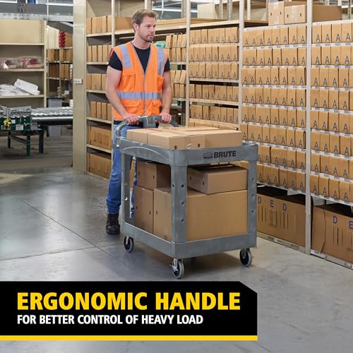 Image of Rubbermaid Commercial Products BRUTE Heavy Duty 2-Shelf Utility /Service Cart, Large, Lipped Shelves, Ergonomic Handle, 750 lbs. Capacity, Black, for Warehouse /Garage /Cleaning /Maintenance /Stadiums
