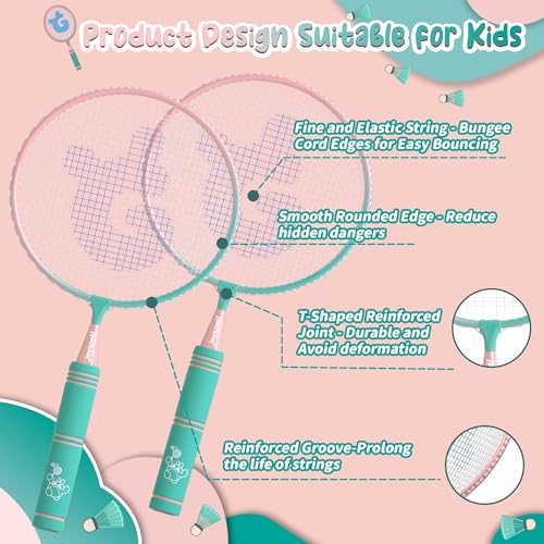 Kids Badminton Racket Set with Soft Grip, Oversized & Lightweight Shuttlecocks Racquet for 2-Player with Carry Bag, Beach Lawn Backyard Play, Indoor/Outdoor Sport Game, Perfect for Children & Youth - Thumbnail 3