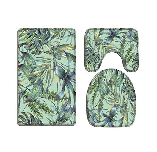 A.Monamour Lot de 3 Tapis de Bain Antidérapants Tapis de Toilette WC Flanelle Exotique Été Saison Vert Tropical Feuilles Motif Fond Aquarelle Peinture Art pour Salle de Bain