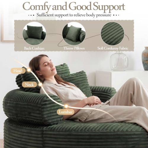 Image of Trustyue Boneless Couch,Comfy Fluffy Sofa Bed,Upholstered Sleeper Sofa with Cup Holder and Throw Pillows,Corduroy Plush Cloud Lounge Chair (Green, Corduroy)