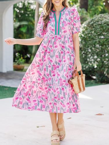 Womens Boho Floral Dresses 2025 Summer Casual Short Puff Sleeve Midi Dress V Neck Tiered Flowy Sundress3