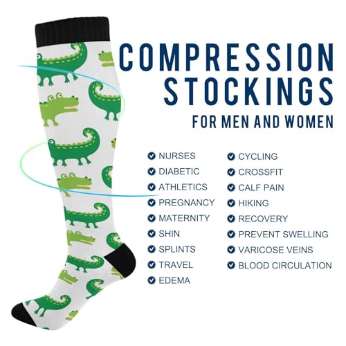 Pigsaly Cartoon Crocodiles Women's Compression Socks Green Alligator Athletic Tube Sock Unisex Casual Knee High Socks Outdoor Sport Socks For Running Hiking Travel4