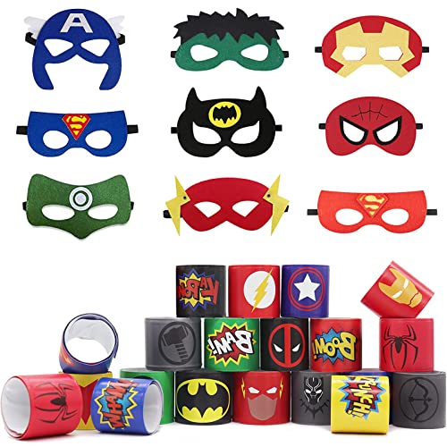 HEAWAA Anniversaire Avengers, 9 Pièces Masques de Super-Héros & 18 PCS Super-héros Slap Bracelets à Claquer, pour Superhero Masks Party Favors Cover