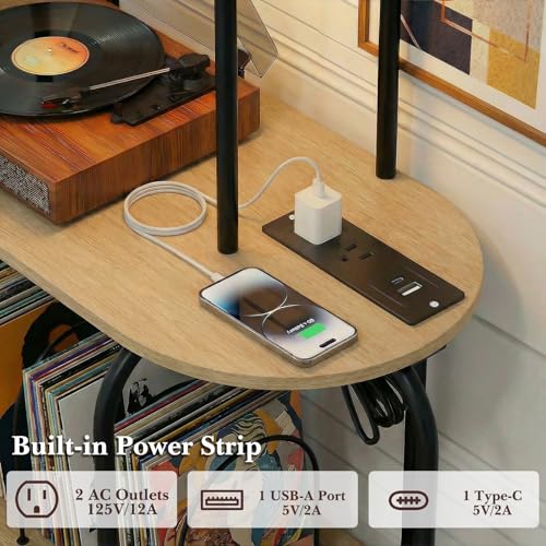 Image of Faesun Record Player Stand with Storage, 5-Tier Turntable Stand with Charging Station, CD Storage with Adjustable Book Stoppers, for CDs, Vinyl Records, Books, Games, for Living Room, Bedroom, Oak