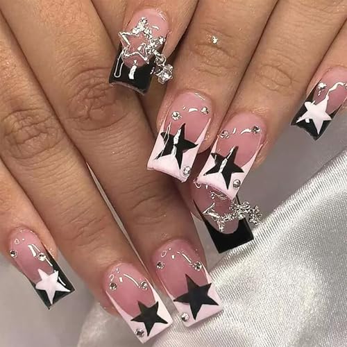 Square Press on Nails Medium False Nails French Tip Fake Nails with Black Designs Stick on Nails Pink Glue on Nails Cute Glossy Artificial Nails for Wmoen 24PCS