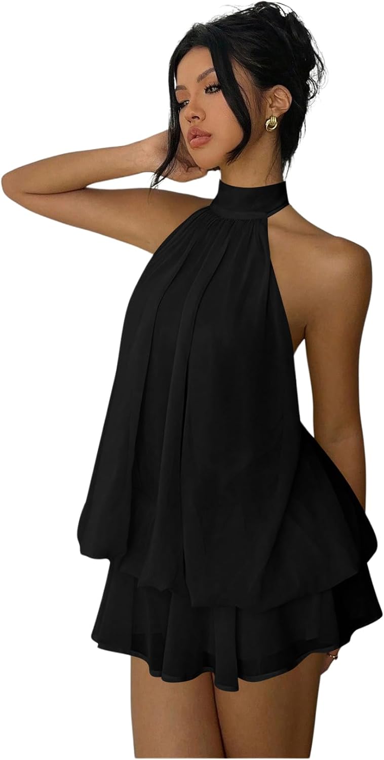 Verdusa Women's Chiffon Halter Drop Waist Wedding Guest Dresses Ruffle Summer Mini Dress Brunch Outfits