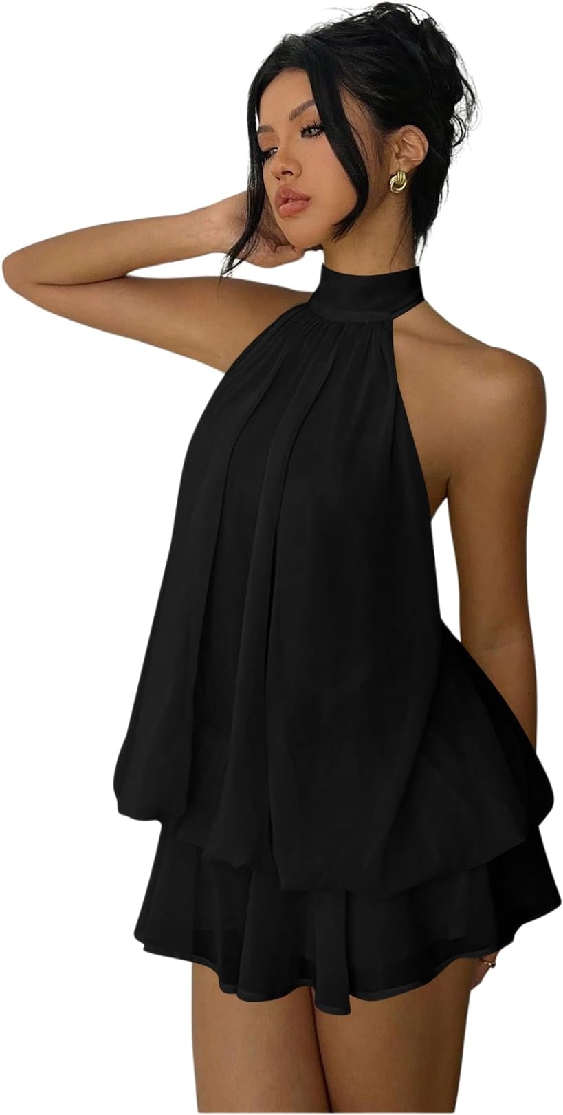 Women's Chiffon Halter Drop Waist Wedding Guest Dresses Ruffle Summer Loose Fit Mini Dress Brunch Outfits