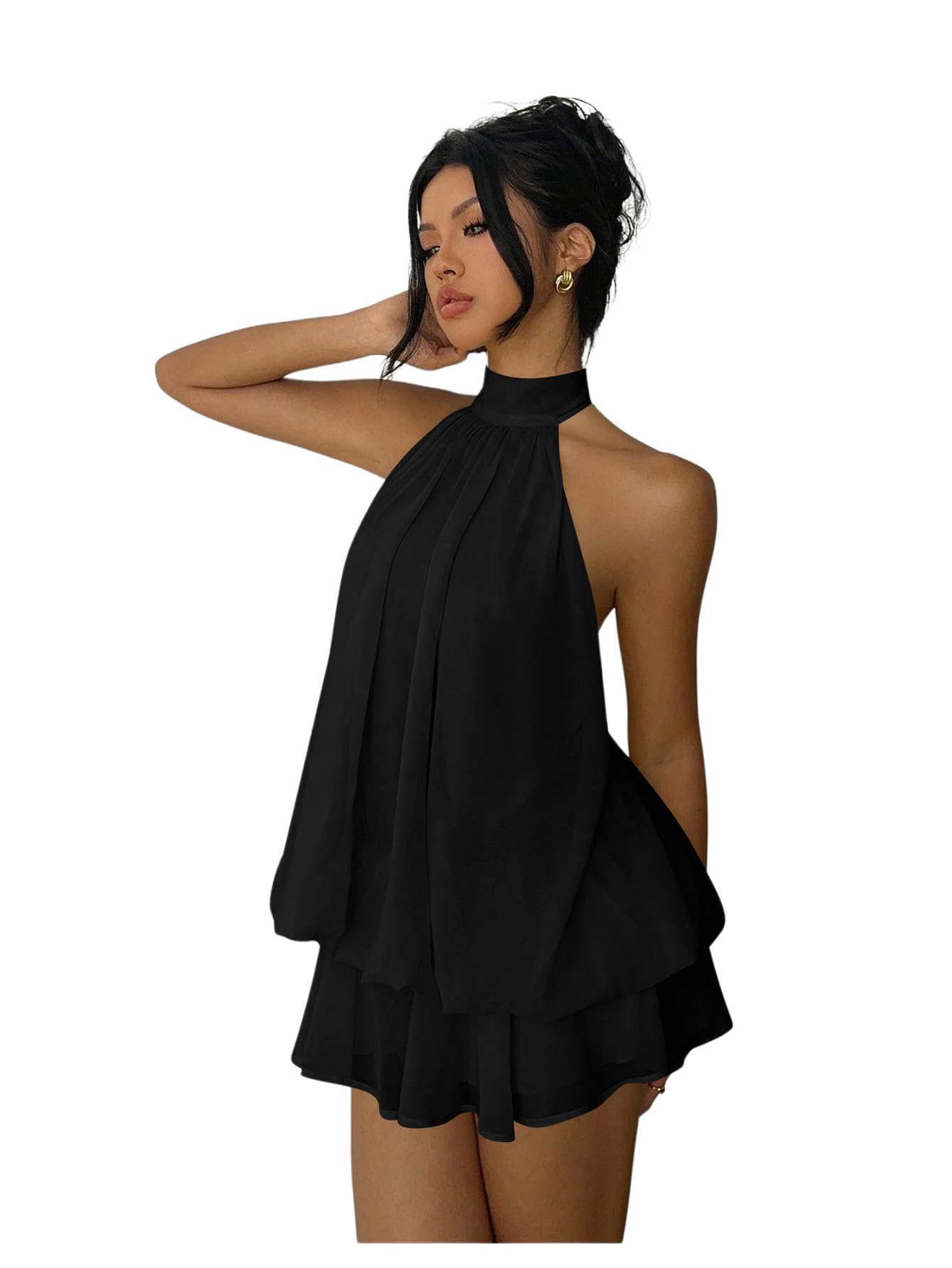 Women's Chiffon Halter Drop Waist Wedding Guest Dresses Ruffle Summer Mini Dress Brunch Outfits