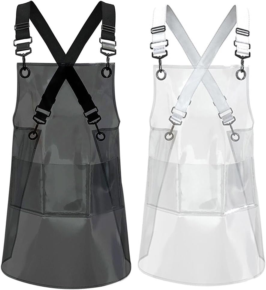 2Pcs Waterproof Vinyl Aprons,Hairstylist Transparent Aprons with Wide Shoulder Straps, Salon Chef to Keep Clean