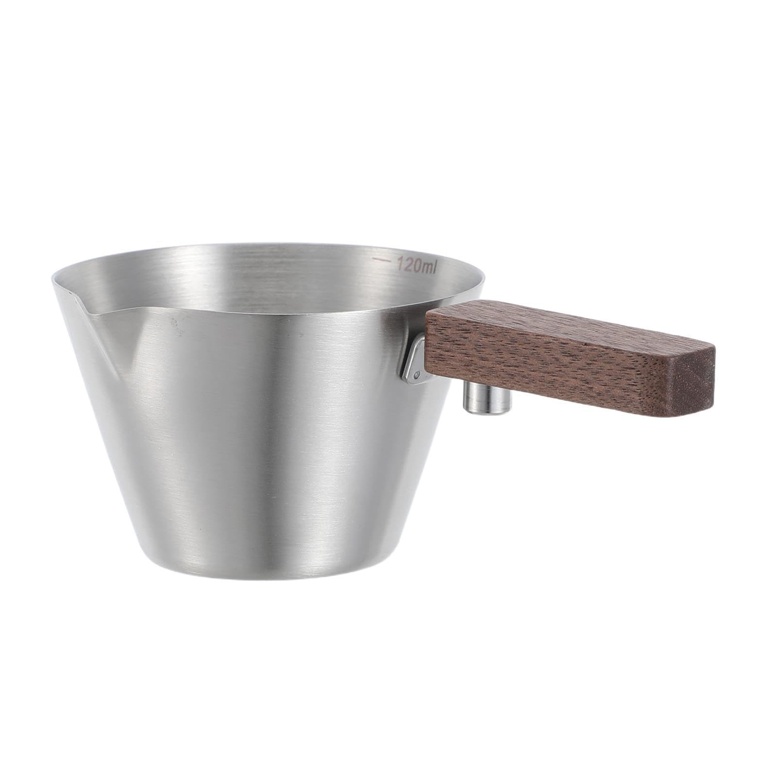 Taza medidora de espresso TIDTALEO de acero inoxidable y mango de madera pulida