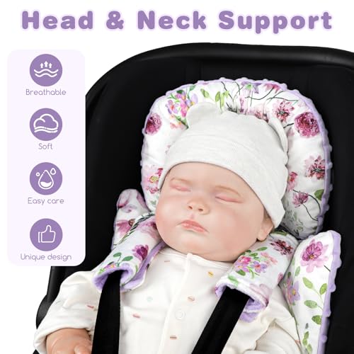 Image of GFU 3-in-1 Infant Car Seat Insert, Soft Head and Body Support,Ultra & Strap Covers Set, Reversible Newborn Car Seat Cushion Pad for Baby Boy & Girl fits Stroller, Swing, Bouncer (Purple)