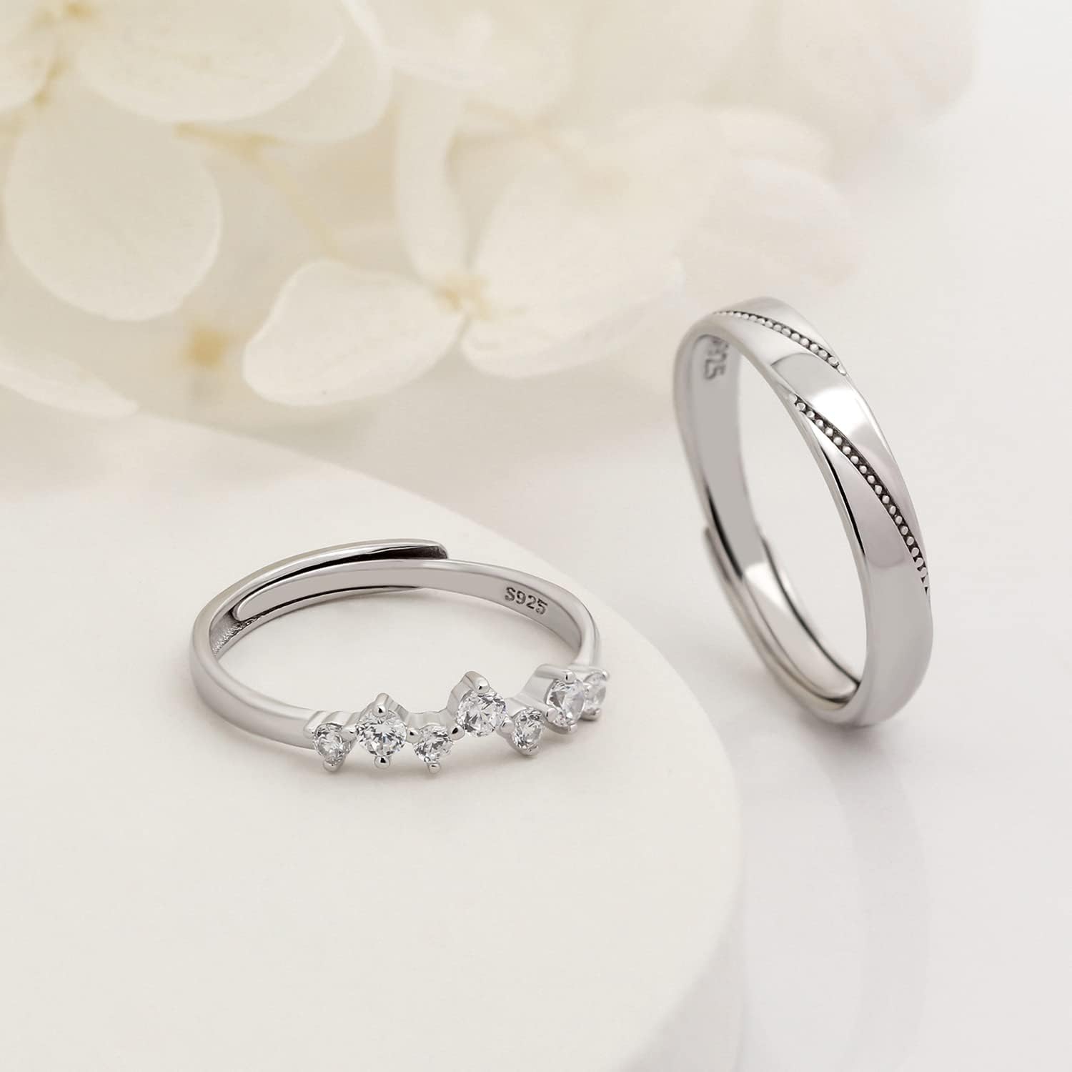 Meissa Sterling Silver Couple Ring Adjustable Personalized Couple Rings for Men and Women Open Back Rings for Wedding Engagement Anniversary Ring Set