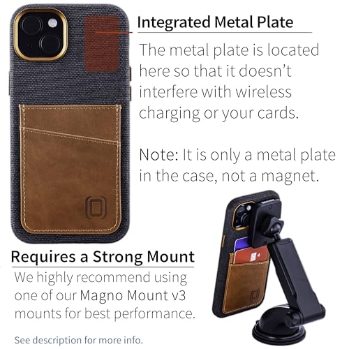 Image of Dockem Fabric Card Case for iPhone 15 Plus with Built-in Metal Plate for Magnetic Mounting, Stitched-on Genuine Leather Wallet with 2 Credit Card /ID Slots: M2F 15 Plus [Grey w /Light Brown]