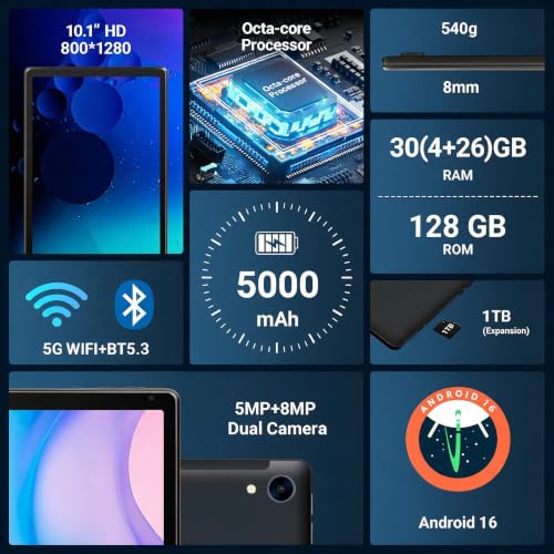 Image of Android 16 Tablet 10 Inch 30GB RAM 128GB ROM 1TB Expand, Octa-Core Processor, Widevine L1 HD IPS Touchscreen, WiFi 6 BT5.3 Dual Camera Face Unlock Tablet, Black