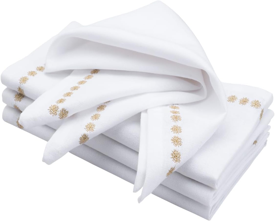 Beige and White Napkins with Gold Trim Set of 4, Premium Quality, 100% Cotton, Embroidered, Cotton Napkin, Wedding Reception, Party, Beige Linen Napkins, White and Gold 18x18