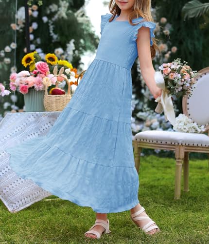 MITILLY Girls Summer Maxi Dress Cute Ruffle Short Sleeve A Line Flowy Casual Party Dresses with Pockets 6-13 Years4
