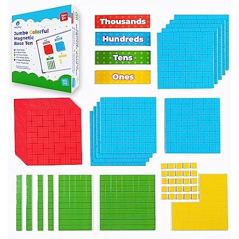 Simply magic 131+4 PCS Jumbo Colorful Magnetic Base Ten Blocks for Math + Headings - Place Value Manipulatives Magnets, Math Manipulatives, Base 10 Blocks, Counters for Kids, Classroom Must Haves Cover