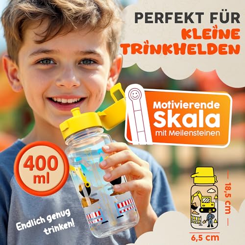 Zauberbande Trinkflasche Kinder auslaufsicher – Bagger – 400 ml – Kinder Trinkflasche Kohlensäure geeignet, BPA-frei aus Tritan, spülmaschinenfest, Easy-Clean – Made in Germany