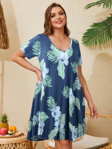 Image of ZENNILO Women's Plus Size Swing Dress with Pockets Casual Summer Dresses V Neck Short Sleeve T Shirt Dress for Women