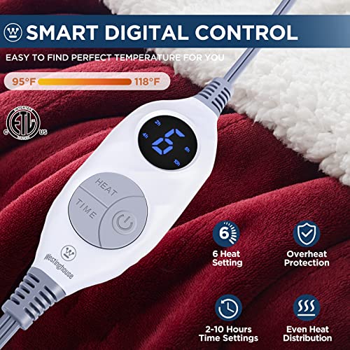 Westinghouse Heated Throw Blanket, Electric Blanket Throw with 6 Heating Levels and 2-10 Hours Time Settings, Flannel to Sherpa Super Cozy Heated Blanket Machine Washable, 50x60 inch, Red