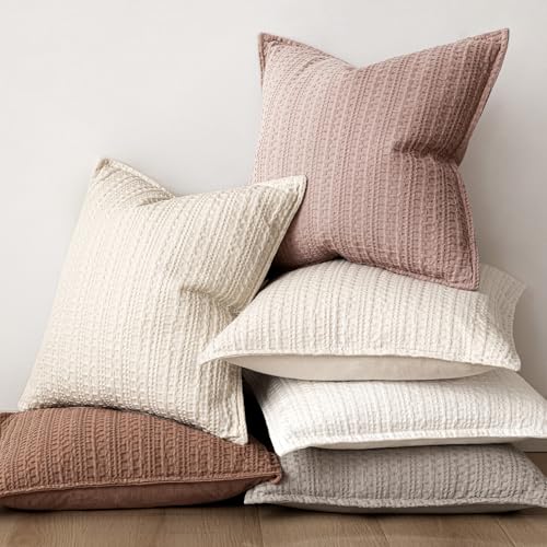 Image of Foindtower Set of 2 Decorative Cotton Waffle Weave Throw Pillow Covers Euro Shams Cushion Covers Accent European Pillowcase for Bed Couch Sofa Bedroom Living Room Home Decor 24x24 Inch Dusty Pink