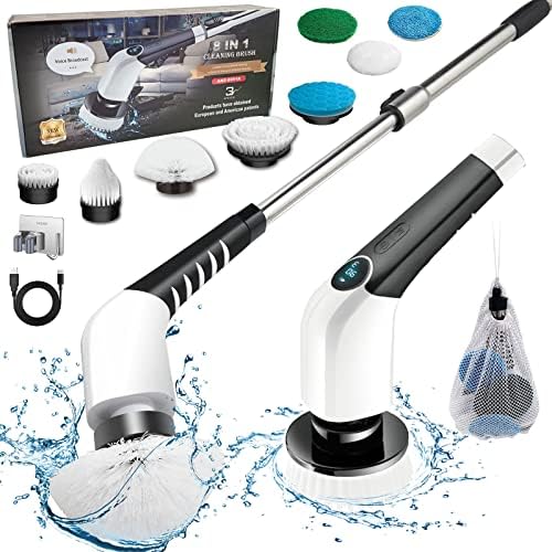 Electric Spin Scrubber, Cordless Cleaning Brush with 8 Replaceable Drill Brush Heads and Adjustable Handle, Electric Scrubber for Bathroom, Floor, Tile, Car and Home Cleaning
