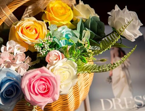 Image of Dekorly Artificial Fake Roses Flowers - 10 Pcs Fake Artificial Roses Silk Flowers with Stems for Home Room Tabletop Wedding Hotel Office Centerpiece Decor | Height 18 Inch (Yellow)