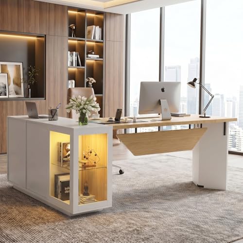 74.4" L-Shaped Executive Desk, Large Office Desk, White + Light Wood