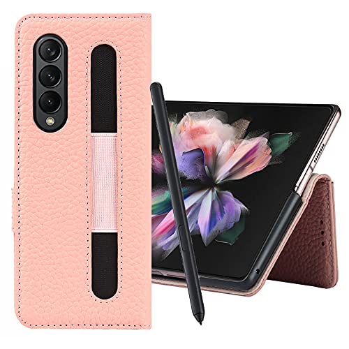 Zouzt premium Leather Pen Holder case For Samsung Galaxy Z Fold3 5G 2021 / Samsung Zfold3 Wallet Magnetic Flip Cover case with Card Slot | Pen Slot KickStand Genuine Leather case Rose Golden