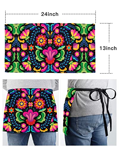 Ocomster Mexican Art Waist Server Aprons, Colorful Paisley Flowers Botanical Black Boho Waiter Waitress Apron With Pockets #TOP5
